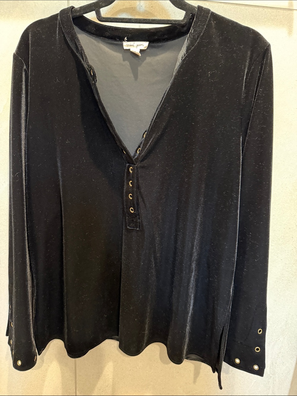 Tribal Black Stretch Velvet Long Sleeve Henley with Grommet Accents